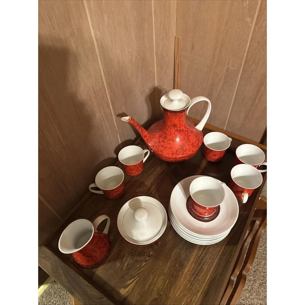 Vintage Block Bidasoa Flamenco Black Red Tea Coffee Demitasse Set Spain 17 Piece